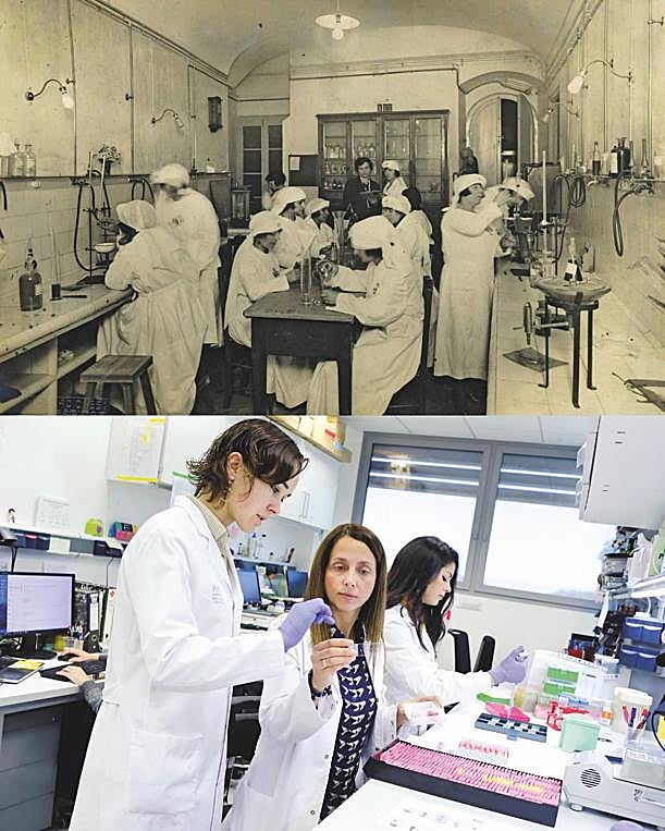 De la Escuela de Enfermería Santa Madrona (arriba) a los laboratorios de investigación, una misma apuesta a lo largo del tiempo.