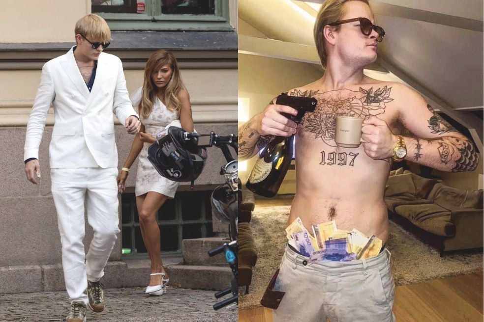 Cuando el chico cumplió 26, su novia lo acusó de maltrato (izda.) y ya pasó por la cárcel. Al salir, los medios noruegos publicaron esta foto de sus redes sociales (dcha.), tomada un año antes, luciendo tatuajes, billetes y una pistola.