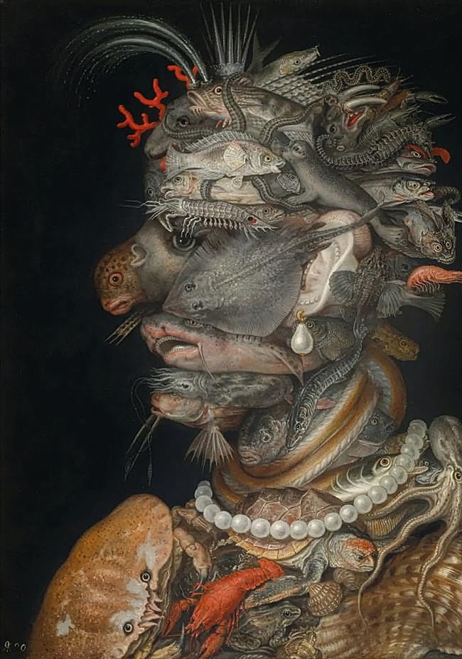 En 'Agua' construye un rostro con más de 60 especies marinas: la ceja es un camarón; las mejillas, una raya. Pero todas las criaturas están muertas o agonizando: ojos vidriosos, bocas entreabiertas... Y no es accidental: representan la vanidad y lo efímero de la vida. El rostro humano hecho de muerte recuerda que también nosotros somos naturaleza perecedera.