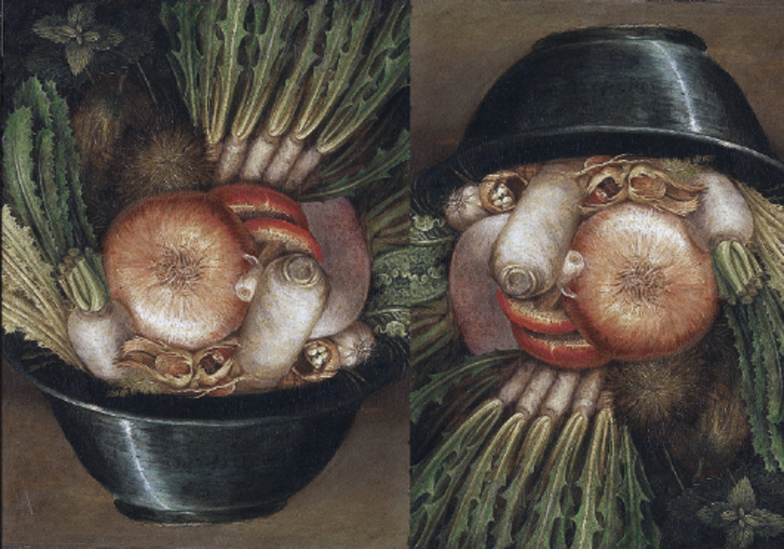 El pintor descubrió algo que la neuro-ciencia confirmaría siglos después: nuestro cerebro está programado para ver caras incluso donde no las hay. Sus retratos explotan la pareidolia, esa tendencia que nos hace ver rostros hasta en las nubes. Al derecho, sus obras muestran rostros reconocibles, pero al girarlas se convierten en bodegones.