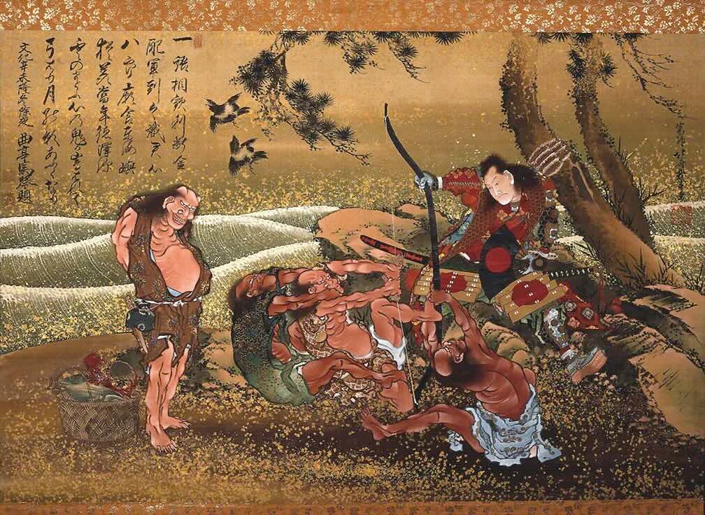 A la derecha: una pintura de Hokusai de 1811 de un mítico arquero samurái.