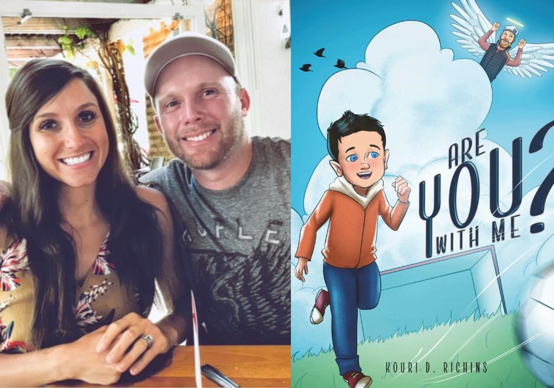 Kouri Richins, de 35 años, con su marido Eric. Y la portada del libro que escribió tras haberlo matado.