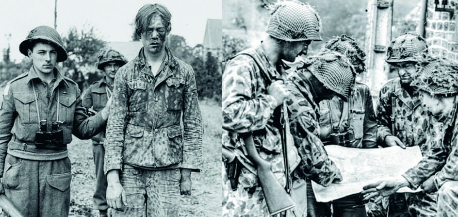 En la Primera Guerra Mundial, los alemanes usaron el primer traje militar de camuflaje: simulaba hojas de árboles (izda.). En la Segunda, EE.UU. usó el patrón 'piel de rana'.