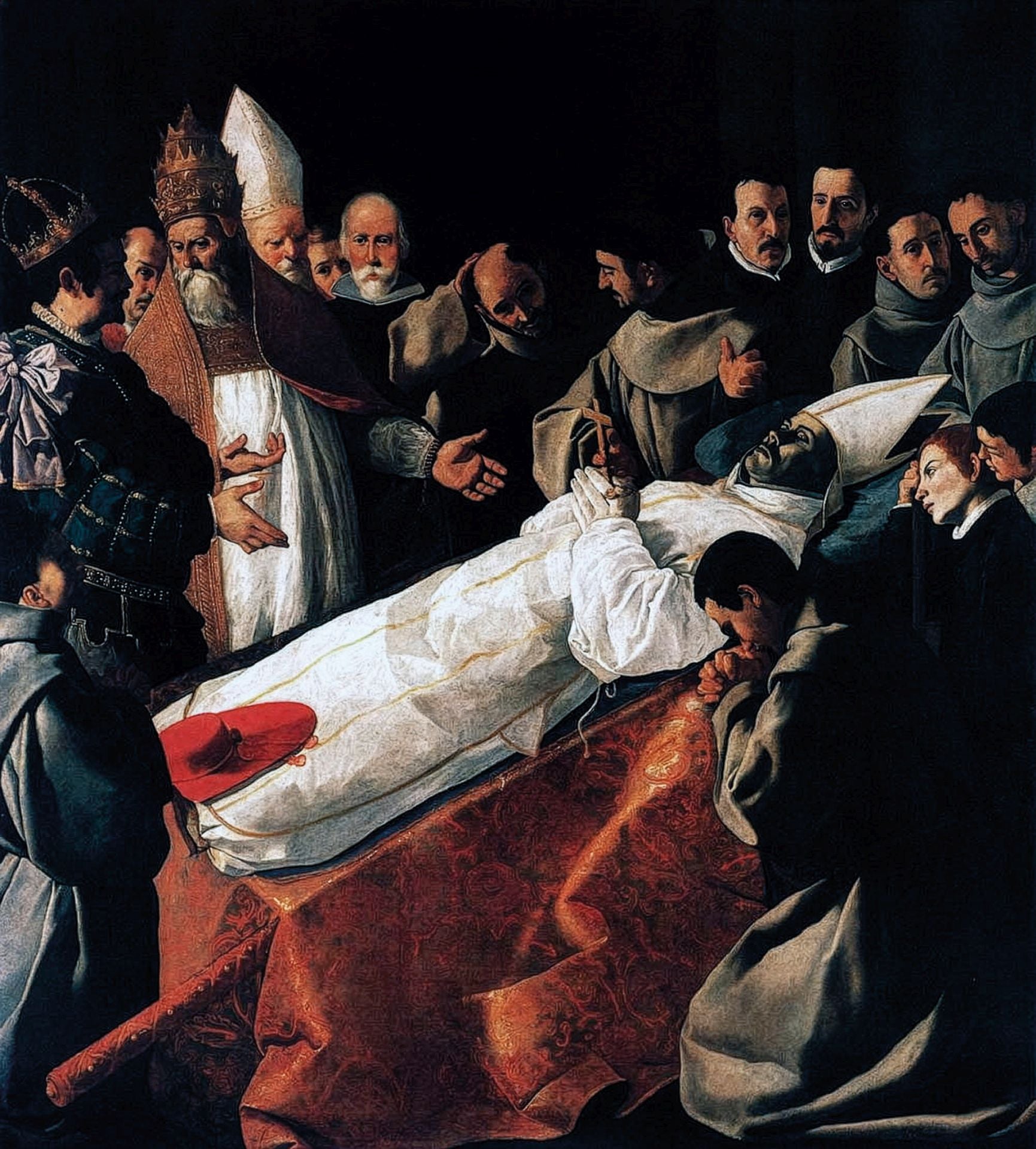 Pintada hacia 1629, 'La exposición del cuerpo de san Buenaventura' integra una serie de obras dedicadas al teólogo y santo franciscano Buenaventura de Bagnoregio, muerto en 1274, uno de los grandes intelectuales medievales de la Iglesia. Es una composición arriesgada, con la escena ordenada en diagonal, lo que da dinamismo a la escena y a la conversación de Jaime I de Aragón y el papa Gregorio X.
