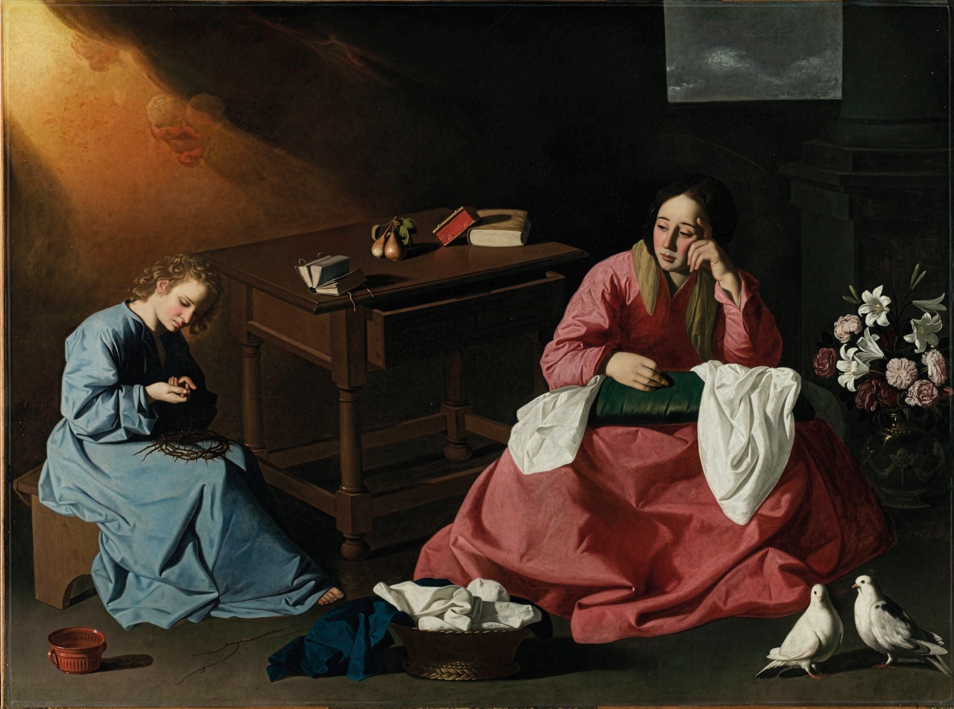 Esta escena doméstica, aparentemente sencilla, entre la Virgen y Jesús en Nazaret está cargada de simbolismo sobre la Pasión futura de Cristo: trenzando una corona de espinas se ha pinchado un dedo, que sangra, mientras la Virgen interrumpe su costura y derrama una lágrima. Una mezcla de intimidad doméstica y teología.