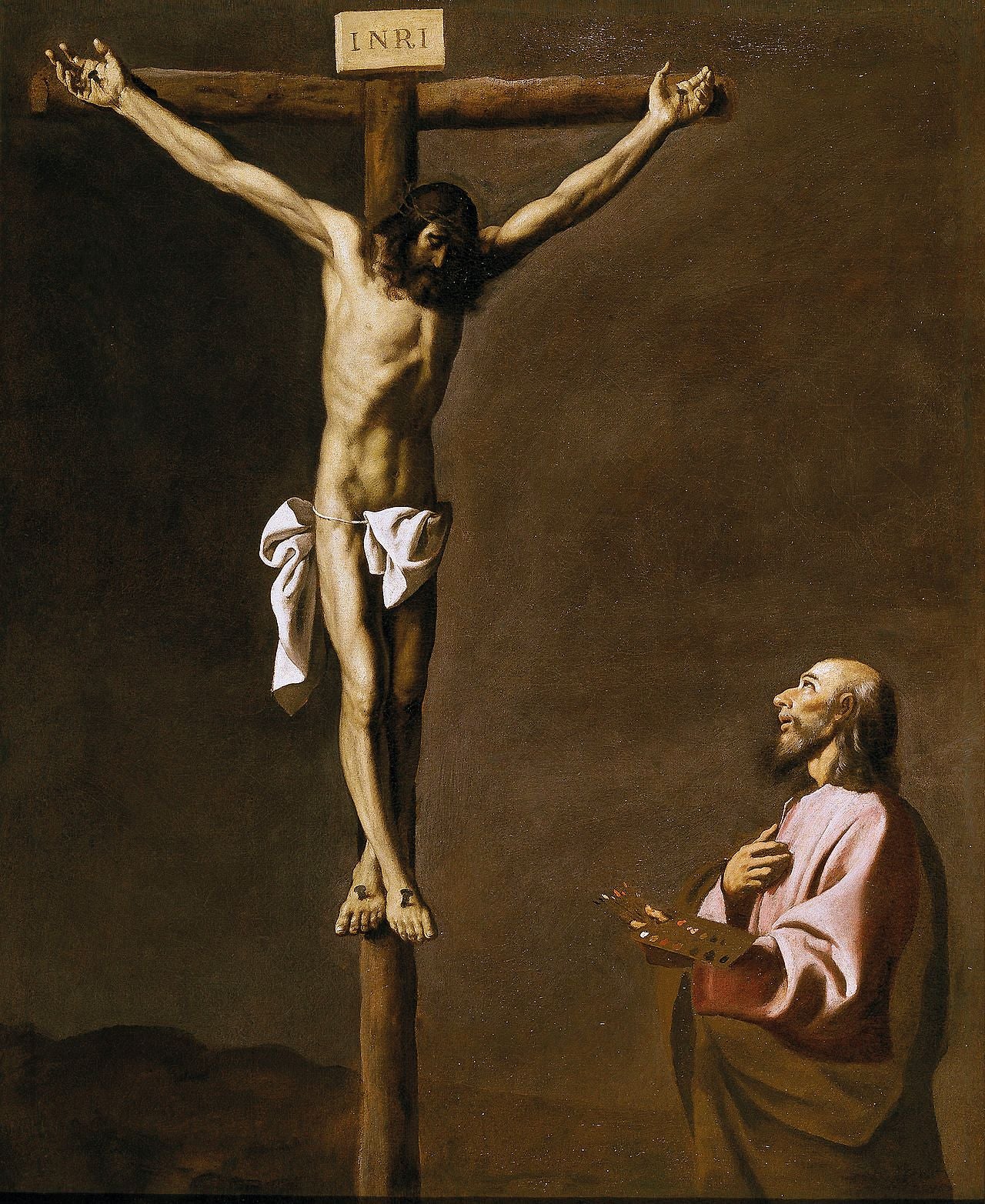 Una antigua tradición cristiana considera a san Lucas como el primer pintor de imágenes sagradas y patrono de los artistas. Esta obra del último periodo de Zurbarán lo representa así y no como evangelista. Lucas contempla a Cristo crucificado mientras lo retrata. Muchos especialistas creen que el pintor extremeño podría haber utilizado sus propios rasgos para representar a Lucas.