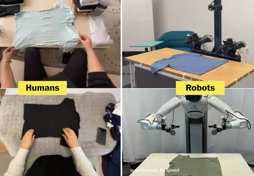 Ayudados por miles de empleados con cámara adosada por todo el mundo, lo0s robots se entrenan para doblar ropa y platos, manipular telas, apilar cajas...