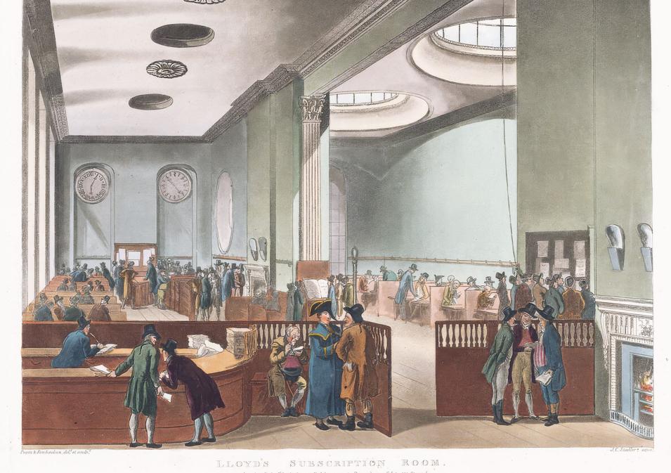 Reproducción de la sala de suscripciones de Lloyd's a principios del siglo XIX, cuando se apostaba sobre el futuro de las naves que partían a viajes oceánicos inciertos.