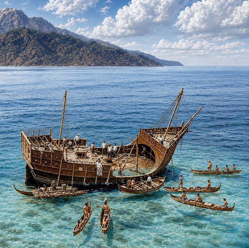 Ilustración que recrea el momento en que los nativos acuden en auxilio de la nao Santa María tras quedar encallada en un banco de arena, muy cerca de la costa de Haití, la isla que Colón bautizó como La Española.