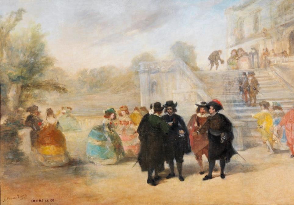 El escritor acompañó al duque de Osuna a Italia. Antonio Pérez Rubio lo pintó en 1876 (dcha.) en su faceta de intrigante.