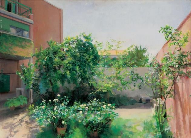 Imagen secundaria 1 - Varias obras de la pintora expuestas ahora en Almería (hasta el 4 de octubre): 'Portal de Tomelloso', lápiz sobre papel, del año 1974; 'Bodegón', óleo sobre lienzo, de 1996; y 'Jardín de Madrid', óleo sobre lienzo, de 1986. En la muestra se aprecia que María pasó de realizar obras oscuras a abrirse a la luz, resplandeciente sobre todo en sus jardines.