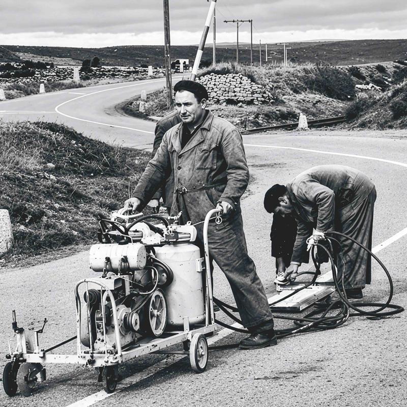 Brigadas de Obras Públicas pintan en 1964 la carretera Sagunto-Burgos en el puerto de Escandón (Teruel). En España, los coches y las normas de carretera llegaron más tarde que a Estados Unidos.