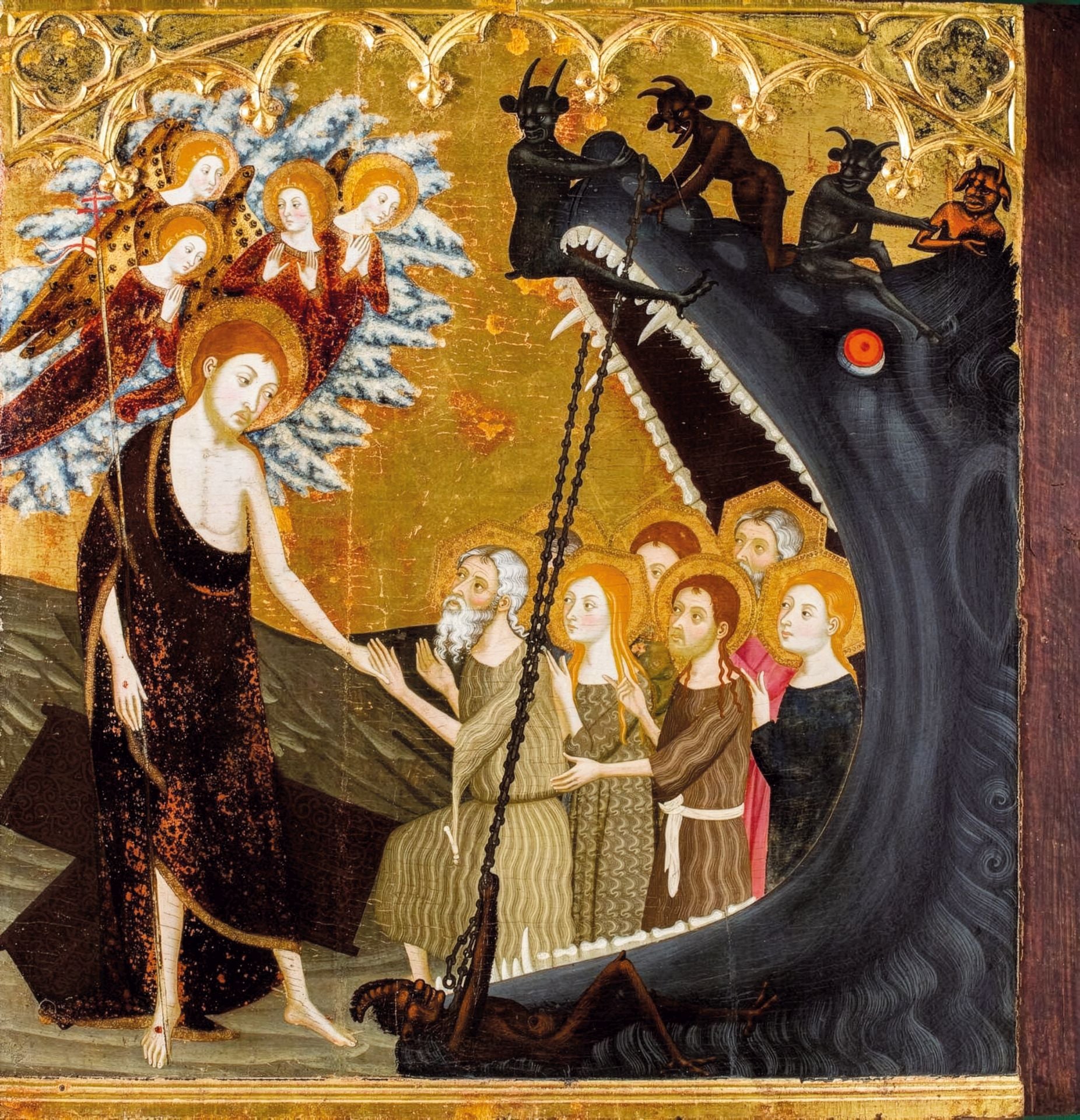 Esta obra de Jaume Serra representa el momento en que Jesucristo descendió a los infiernos tras su muerte en la cruz y antes de su resurrección. El infierno aparece como la boca de un dragón, de la que emergen las almas. Sobre su amenazador ojo rojo, los demonios intentan evitar que Adán, Eva, Juan el Bautista, otros profetas y patriarcas sean salvados por la mano de Jesús. Los ángeles en el lado opuesto y el fondo dorado representan la victoria de la luz sobre las tinieblas.