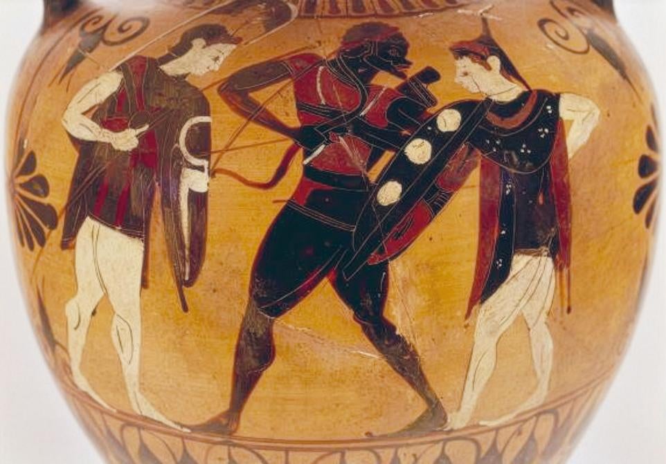 Una vasija que reproduce al rey etíope Memnón, que combatió en Troya, y que prueba que los griegos sí trataban con africanos.