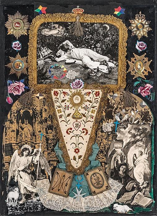 Uno de los 'collages' que prieto llamó 'popares', en el cual en los años sesenta unió varias de sus obsesiones: el homoerotismo de los marineros y el misticismo del arcángel San Miguel y otros símbolos católicos