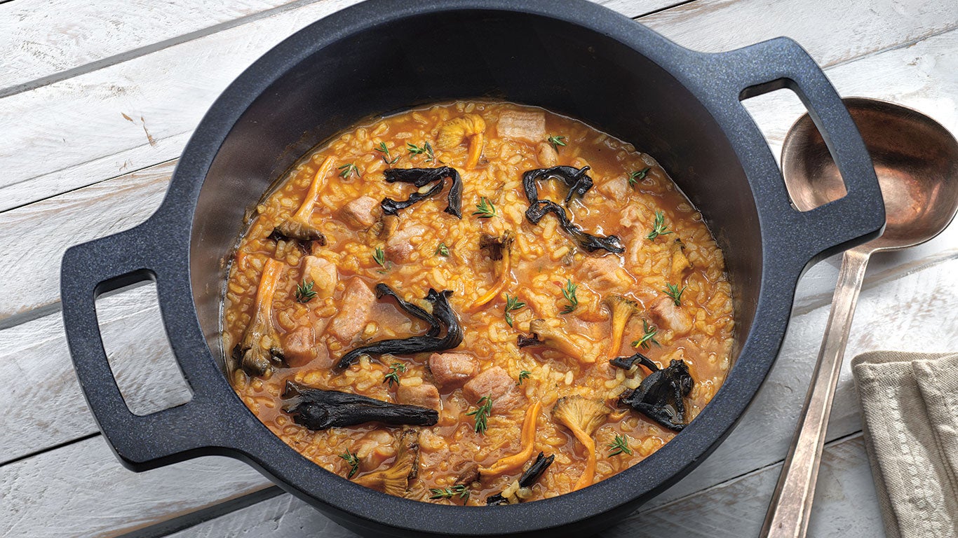Arroz caldoso de secreto ibérico y setas