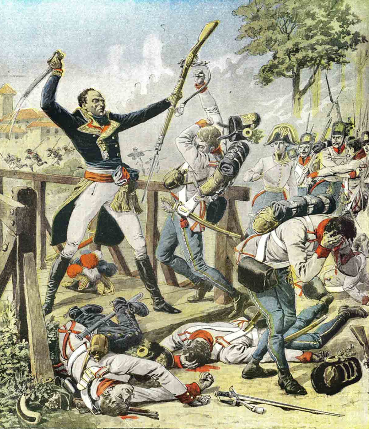 De las hazañas de Dumas padre se conservan un par de retratos pictóricos y alguna tira ilustrada, como esta publicada en el periódico Le Petit Journal que recoge una batalla contra el ejército austriaco en el Tirol. |