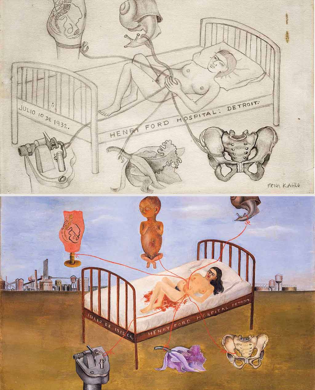 Una semana después de su segundo aborto, realizó este dibujó preparatorio de 'Henry Ford Hospital'. Su arte se transformó en el altavoz de sus miedos y fantasías.