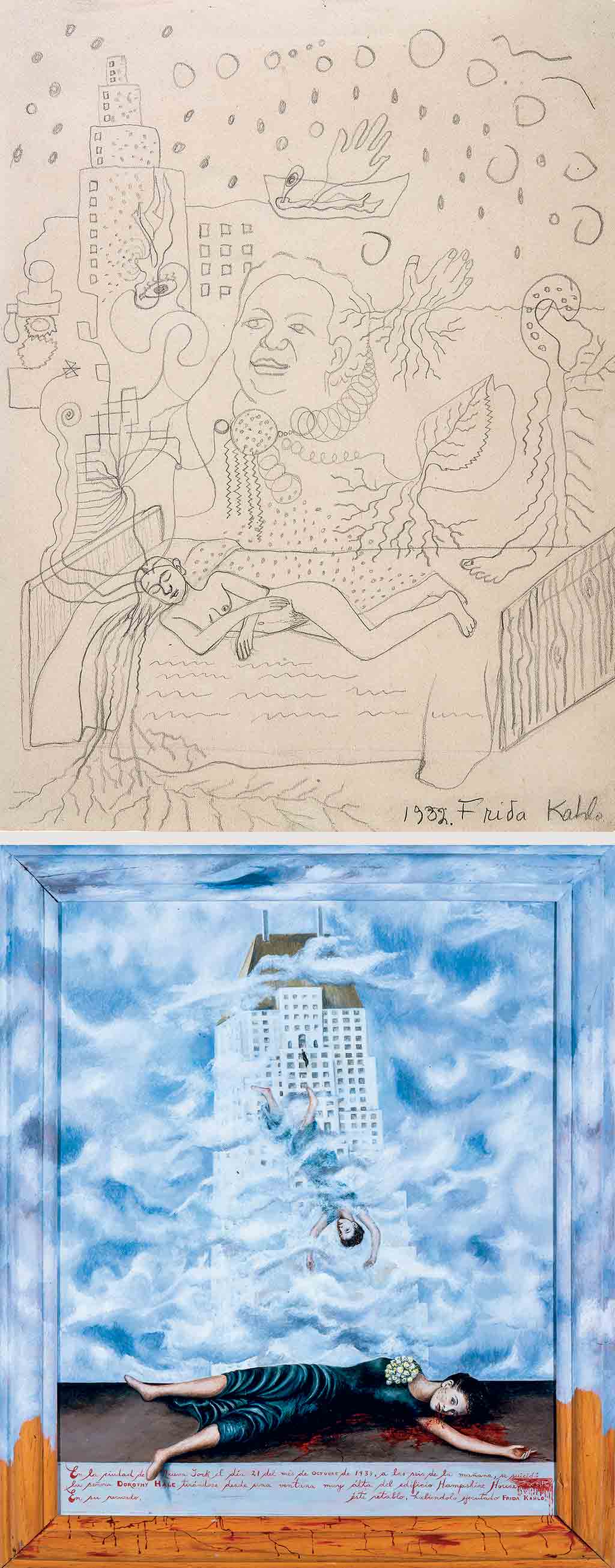Frida vivió tres años en EE.UU. En Nueva York dibujó su primer autorretrato en sueños, con sus pensamientos flotando y un cuerpo cayendo de un rascacielos. Obra premonitoria del suicidio de su amiga Dorothy Hale, 7 años más tarde.