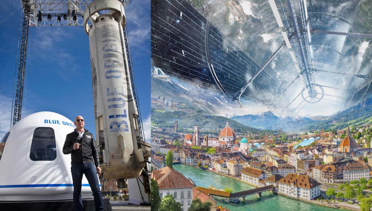 En 2000 fundó Blue Origin, la empresa aeroespacial con la que planea crear un asentamiento en la Luna. Imagina un futuro en el que viviremos en colonias espaciales cilíndricas flotantes con acceso ilimitado a energía solar.