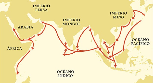 La flota de Zheng He realizó siete viajes y utilizaba la brújula para orientarse. Aunque no hay evidencia concreta, algunos estudiosos creen que llegó a América medio siglo antes que Colón. En los viajes exploró, comerció y combatió, aunque no ocupó militarmente ninguna ciudad.