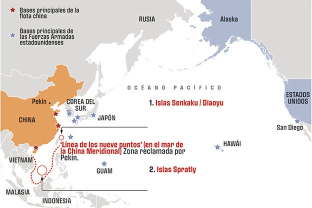 1. Japón, China y Taiwán reclaman estas islas, que se encuentran bajo administración japonesa desde 1972. 2. China, Taiwán y Vietnam reclaman el archipiélago: Malasia y Filipinas sólo una parte. Brunéi no las reclama, pero ha ocupado varios arrecifes.
