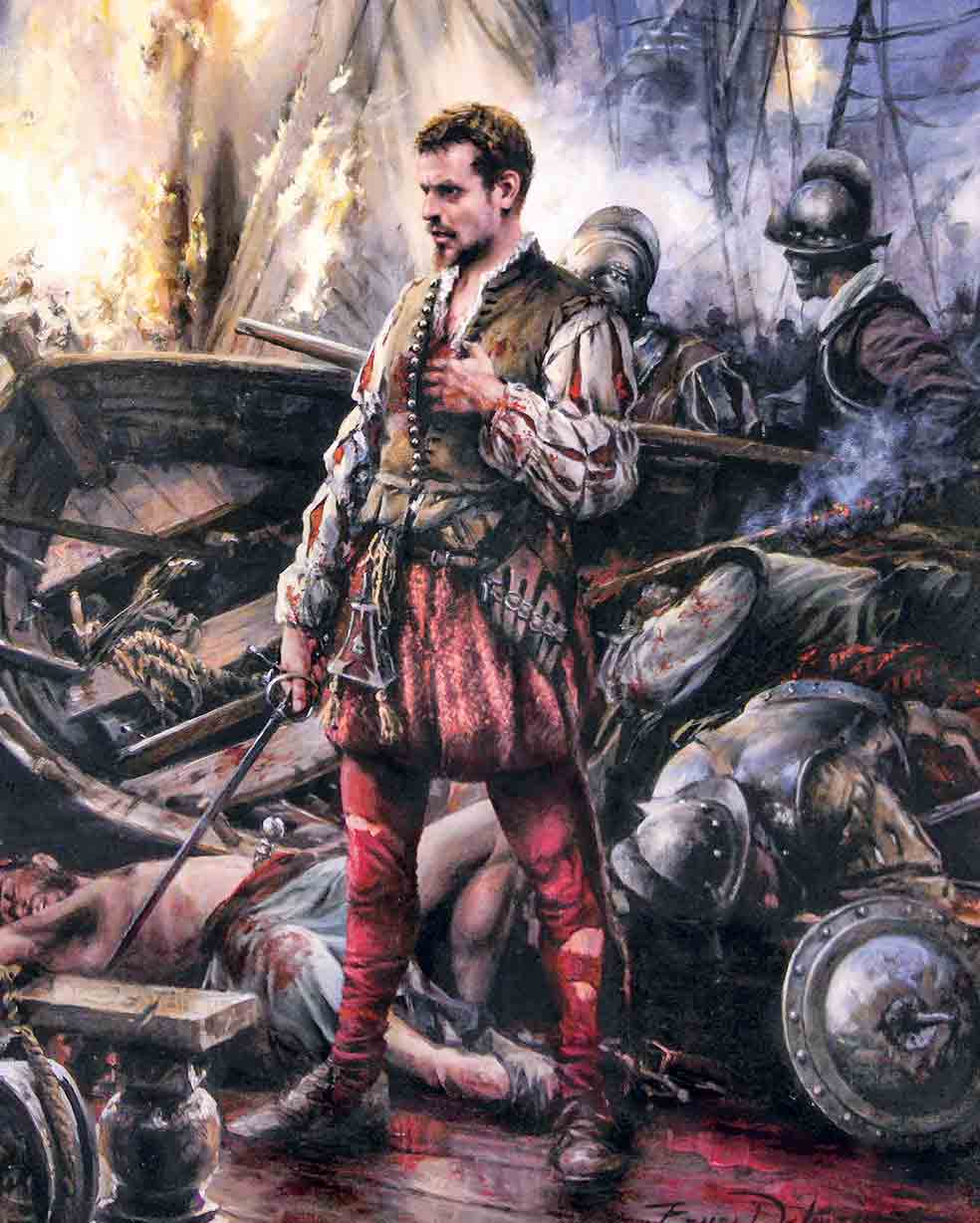 Miguel de Cervantes combatió en Lepanto, fue herido, y dijo que la batalla fue «la más alta ocasión que vieron los siglos». Así lo imagina Augusto Ferrer-Dalmau.