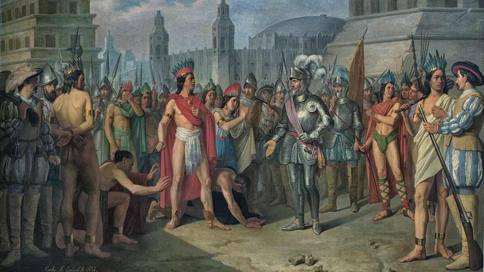 Prisión de Guatimocín, óleo de Carlos M. Esquivel y Rivas, de 1854, que representa la rendición de Cuauhtémoc (o Guatimocín) ante Cortés en 1521.