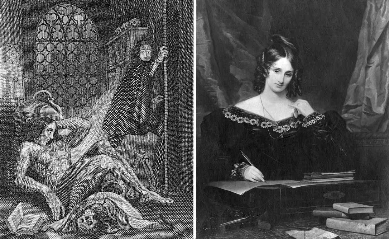 Aburridos del mal tiempo, Lord Byron, Mary y Percy Shelley y John Polidori compitieron por crear historias de terror en Ginebra, donde estaban reunidos. Izquierda: grabado de Frankenstein. Derecha ,Mary Shelley.