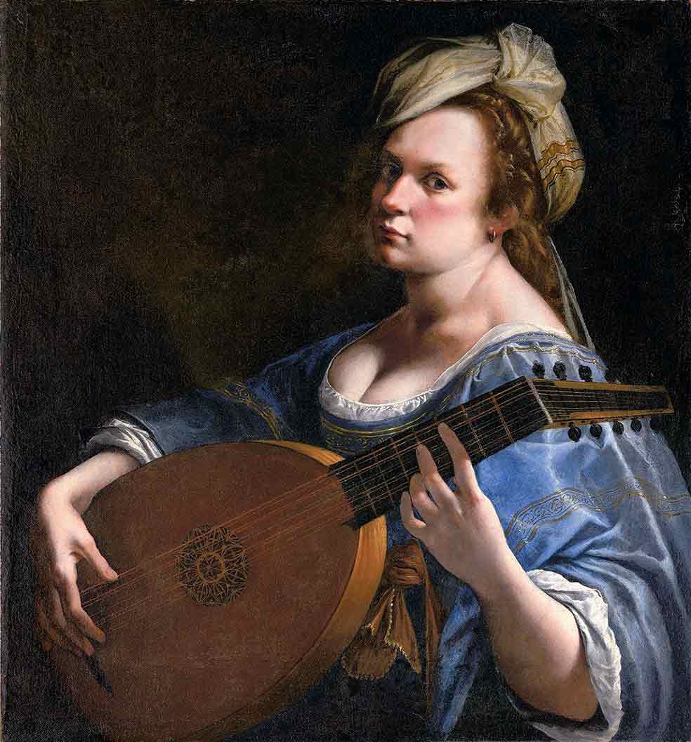 Artemisia Gentileschi fue una mujer muy guapa y con mucha personalidad. En varios de sus autorretratos mostró su facetas artística: aquí tocando el laúd.