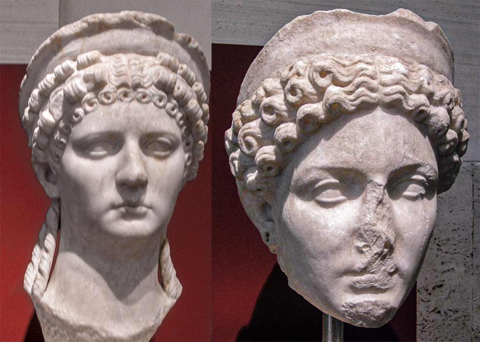 Octavia (izda.) era hija del emperador Claudio. Por eso, Nerón se casó con ella; luego, la repudió y, según las crónicas, ordenó su muerte. A la dcha. Popea -su segunda mujer- intrigó para que Nerón eliminara a su madre y a su primera esposa, Octavia. Se cree que él mató más tarde a Popea, estando embarazada, de un patada en la tripa.