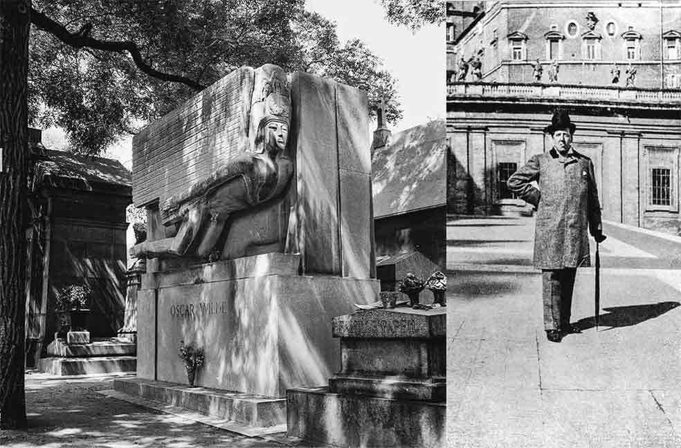 Wilde salió de la cárcel y se reunió con su amante en Italia en 1897 (año de esta foto de la dcha). Murió en 1900 en un hotelucho de París. Su tumba es de las más visitadas del cementerio Père-Lachaise.