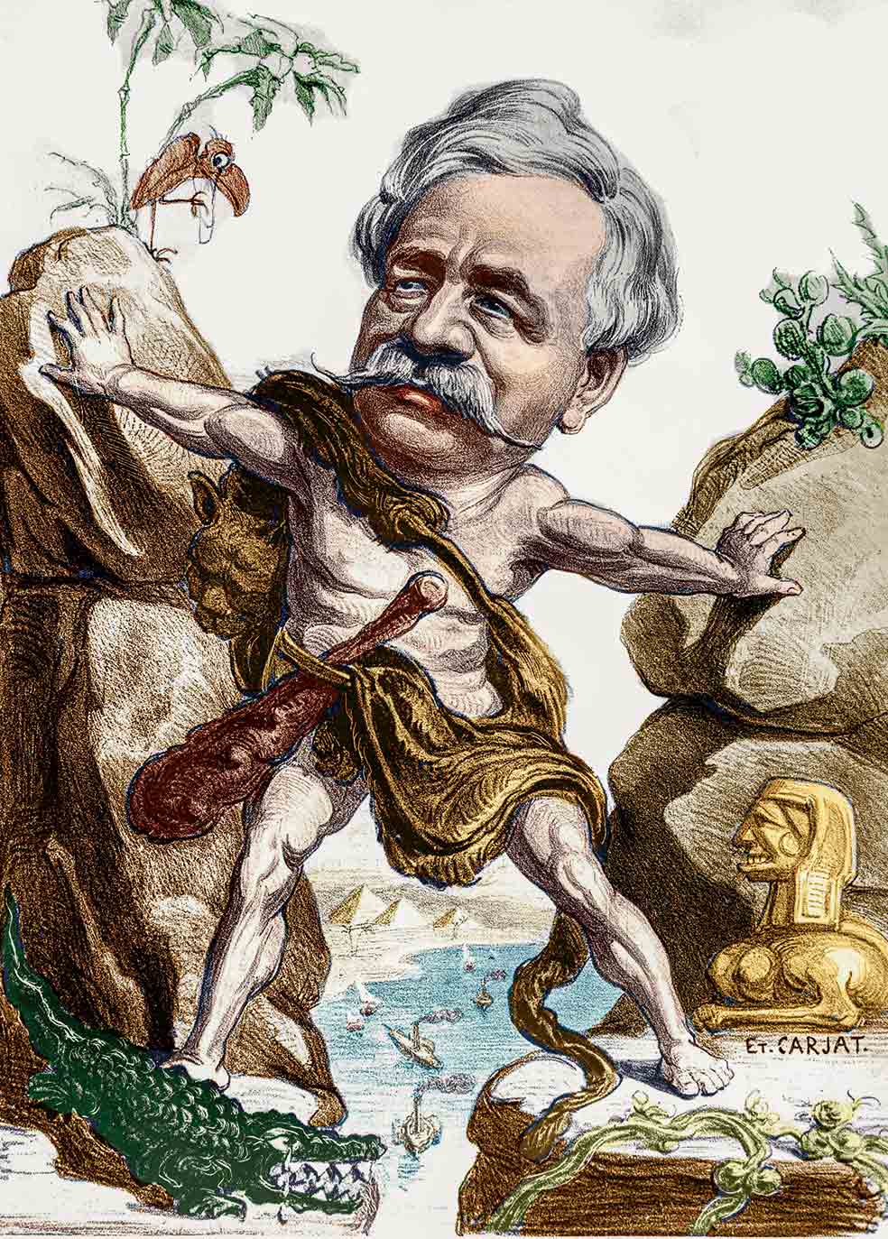 Para la construcción del canal Lesspes tuvo que vencer innumerables obstáculos. Caricatura del cónsul abriendo continentes.