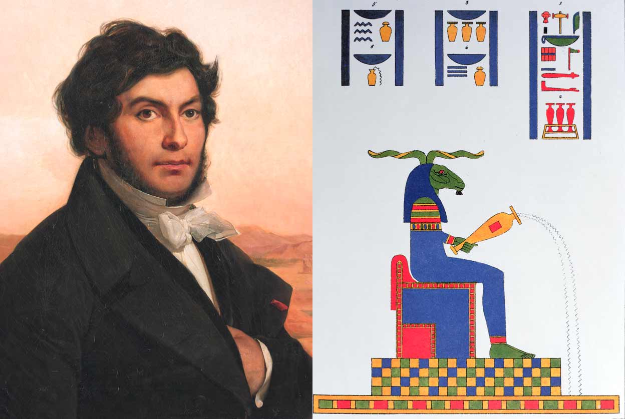 El historiador y lingüista Jean-François Champollion averiguó que los jeroglíficos eran una combinación de signos fonéticos e ideográficos. Identificó a divinidades (a la derecha) como Khnum, dios creador, y a Neit, diosa de la guerra y la caza. Falleció a los 41 años. Su Gramática del antiguo egipcio se publicó tras su muerte.