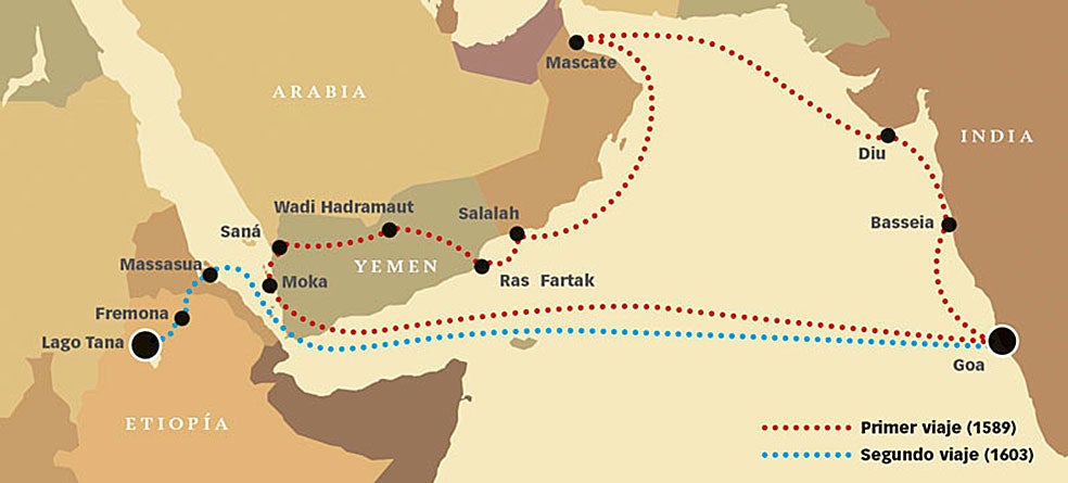Pedro Páez viajó desde Goa (India) hacia Etiopía en 1589, pero de camino lo capturaron los turcos. Estuvo preso siete años en Omán y el Yemen. En 1603 lo intentó de nuevo. Cruzó el mar Rojo, arribó a Etiopía y se integró en la corte de su emperador.