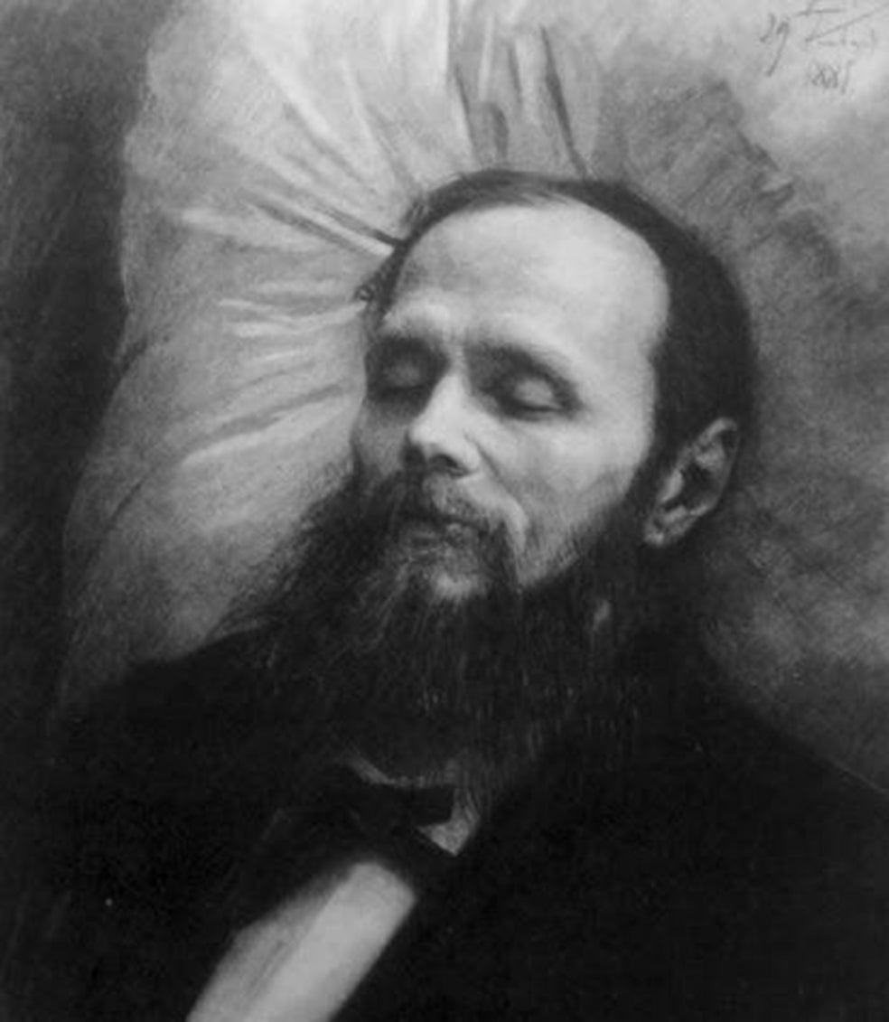 Fiódor Dostoyevski en su féretro, dibujado por Iván Kramskói. El escritor murió en su casa de San Petersburgo en 1881, a los 59 años, de una hemorragia pulmonar.