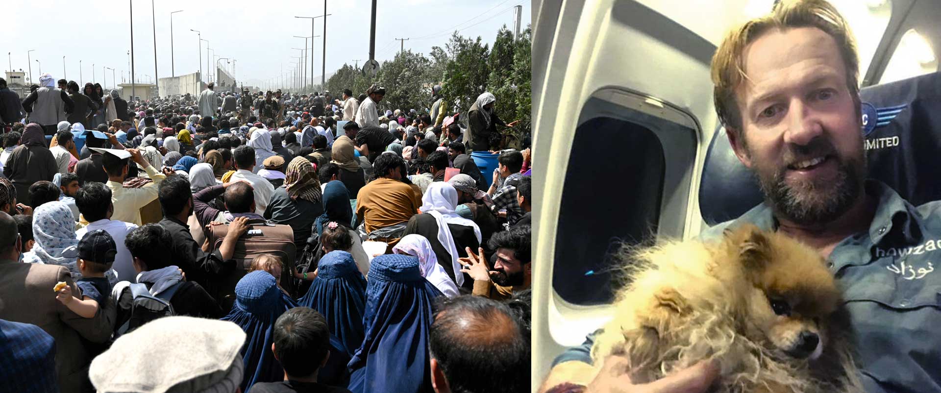 Farthing se fotografió con uno de sus perros rescatados, un pomerania, en el avión que los sacó de Afganistán cuando miles de personas intentaban, sin éxito, alcanzar un avión que los rescatara. Es el mismo perro con el que posa en la foto de arriba en su casa de Essex, Inglaterra, con su mujer, Kaisa, a quien conoció en Afganistán, y otros dos perros rescatados tras el ascenso de los talibanes.