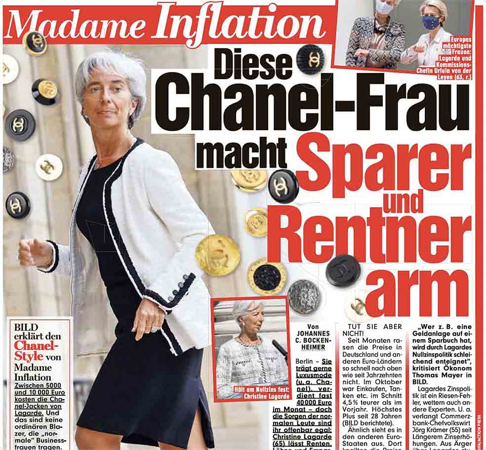 Christine Lagarde, presidenta del BCE, gana unos 40.000 euros al mes y viste prendas de marcas de lujo. Es 'Madame Inflación' y 'Frau Chanel', según Bild.