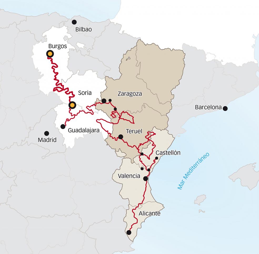 Desde Burgos a Orihuela, el Camino del Cid recorre ocho provincias a lo largo de unos 1400 kilómetros, si se hace por senderos (a pie o en bici de montaña), o de unos 2000, si se va por carreteras. Las rutas siguen las peripecias del cantar.