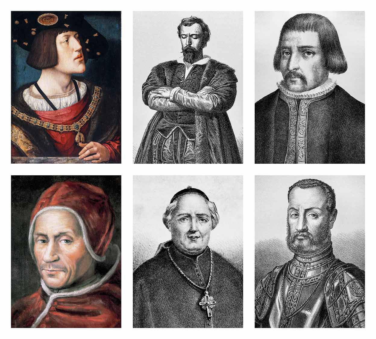 De izquierda a derecha (arriba): Carlos V, rey y emperador. Tenía 20 años cuando estalló la revuelta. Sus consejeros lo empujaron más a ser un césar que a atender las necesidades de los españoles; Juan de Padilla, regidor y capitán de armas de Toledo, de la pequeña nobleza castellana. Por su carácter y carisma se convirtió en el caudillo militar del movimiento; Juan Bravo, regidor segoviano de origen noble. Su experiencia militar le procuró un lugar destacado en la dirección de las tropas comuneras. De izquierda a derecha (abajo): Papa Adriano, antiguo preceptor de Carlos V, gracias a su influencia fue obispo de Tortosa, luego cardenal y finalmente Papa. Nombrado virrey único de Castilla, sirvió al emperador con lealtad y ánimo prudente, aunque no supo hacerse con las riendas del reino; Antonio de Acuña, obispo de Zamora. Ambicioso, audaz y muchas veces violento, los hábitos no le impidieron ser uno de los más aguerridos capitanes de las Comunidades; Almirante don Fadrique, miembro de la gran nobleza del reino, designado luego virrey junto con Adriano y el condestable de Castilla. Político experimentado y hábil, con criterio propio y clara percepción de los males del reino, tampoco logró aplacar a los comuneros.