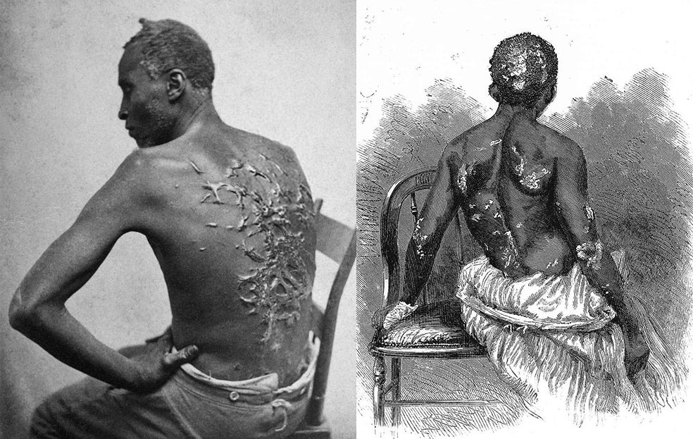 Los latigazos eran el castigo habitual para los esclavos, hombres y mujeres. El de la izquierda es 'Peter azotado', el primer esclavo cuya foto con la espalda masacrada se publicó y alarmó al mundo. Ahora Will Smith interpreta al esclavo en 'Emancipation', que se acaba de estrenar.