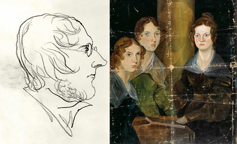 Eran cinco chicas (dos murieron pronto) y un chico (a la izquierda en un autorretrato), al que las Brontë adoraban. Branwell era alcohólico, adicto al opio y hosco: borro su imagen del retrato familiar pintado por él (derecha).
