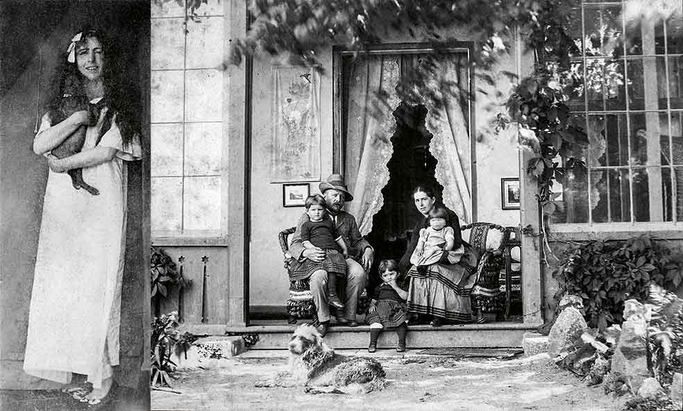 A la izquierda en una foto inédita tomada cuando padecía sífilis. A la derecha Karen (en el centro) con sus padres y sus hermanas (sus dos hermanos no habían nacido). Su padre se suicidó cuando ella tenía 10 años.