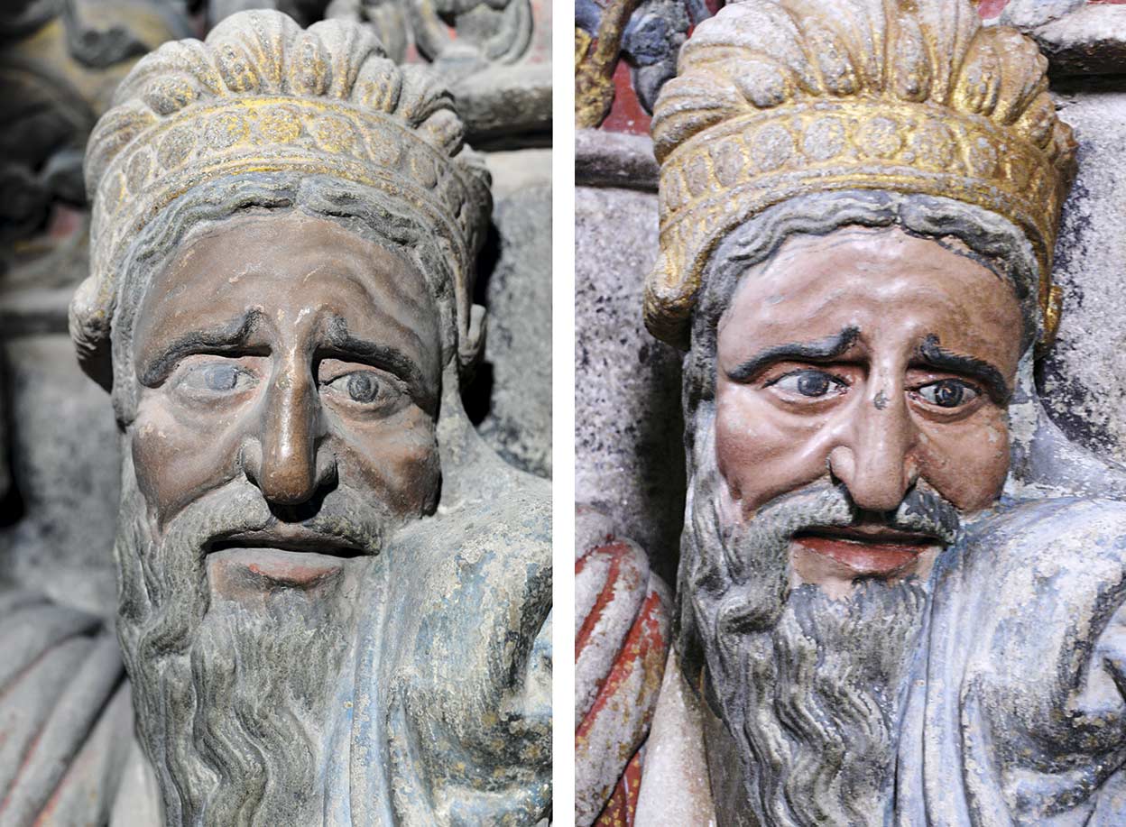 Imágenes del proceso de restauración del rostro y las barbas del profeta Isaías. La excelencia del nivel de la talla se aprecia en detalles como los dientes visibles gracias a la apertura de los los labios.