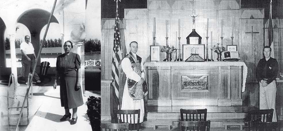 A la izquierda, Al y su madre, Theresa, en su residencia de Miami en 1946. Tras comprarla con nombre falso, en 1928, el Fisco se le echó encima. Aquí caería Al fulminado por un derrame cerebral. En prisión, Al rezaba a diario para que Dios lo ayudara a resistir el acoso de los funcionarios. Alcatraz no tenía capilla, así que él mismo financió esta de caoba (imagen de la izquierda).