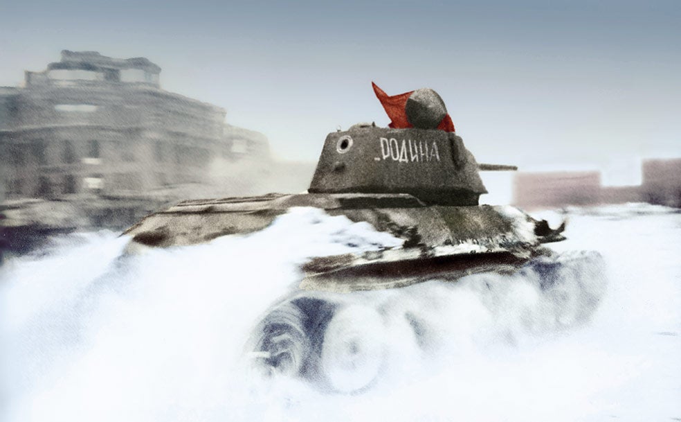 Los carros de combate soviéticos T-34 tenían las cadenas más anchas que los tanques alemanes y maniobraban mejor en la nieve.