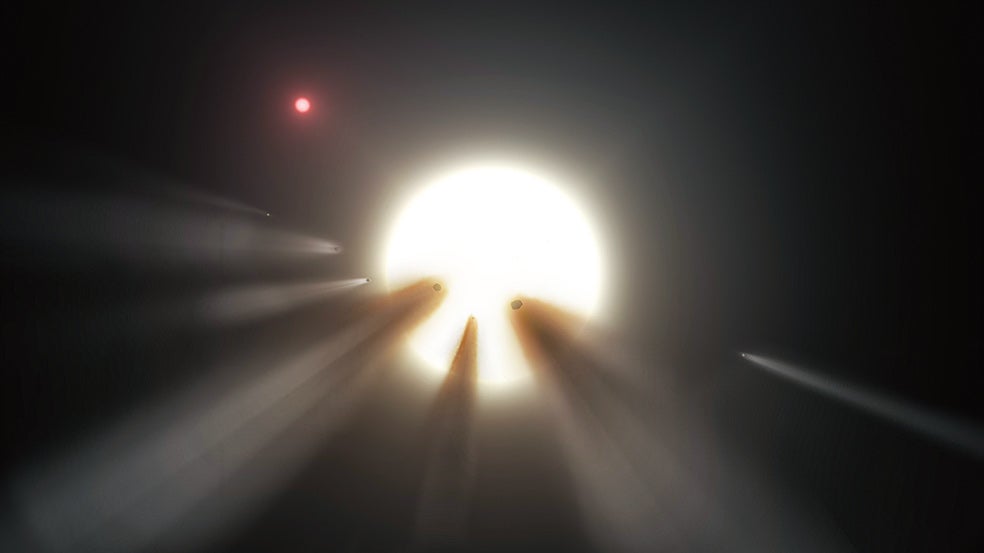 La estrella variable KIC 8462852 emite unas extrañas fluctuaciones de luz. La Royal Astronomical Society anunció hace cuatro años que el oscurecimiento de su brillo se debía al tránsito de varios objetos, uno de los cuales parecía ser una estructura gigantesca. ¿De origen artificial? Algunos astrónomos piensan que podría ser una megaestructura producida por civilizaciones alienígenas, como las llamadas 'esferas de Dyson'. Tabetha Boyajian, su descubridora, prefiere pensar que fue un enjambre de pequeños asteroides...
