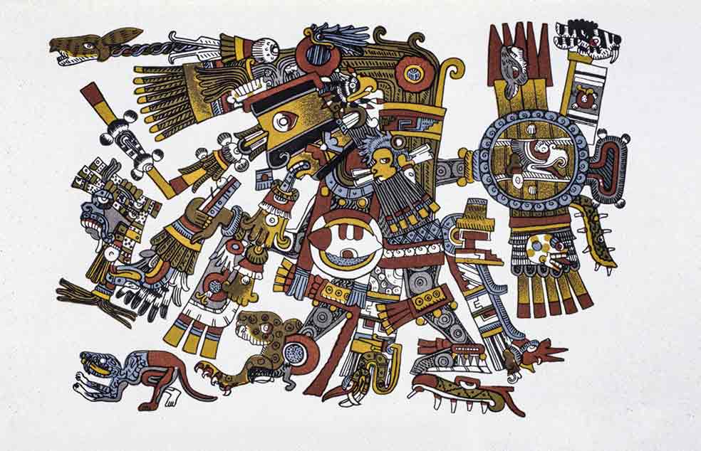 El dios azteca de la noche, Tezcatlipoca, tenía un espejo humeante que mataba a los enemigos. Aquí aparece acompañado de espejos circulares de obsidiana, objetos mágicos ancestrales como el de John Dee.