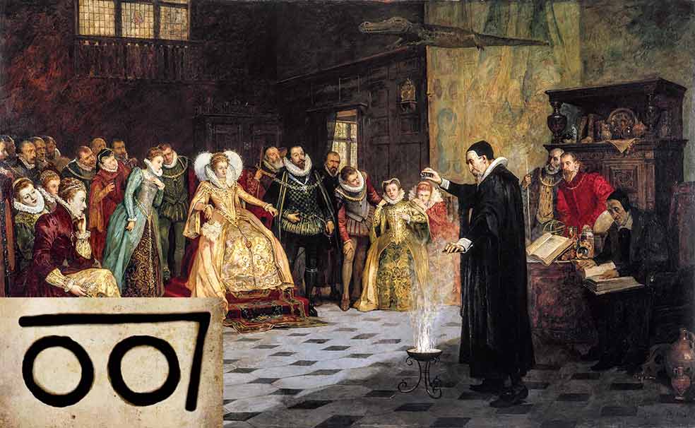 John Dee (en la imagen realizando un experimento químico ante la reina) fue espía y adoptó el sobrenombre de 007. El escritor Ian Fleming lo tomó de él para su agente James Bond.