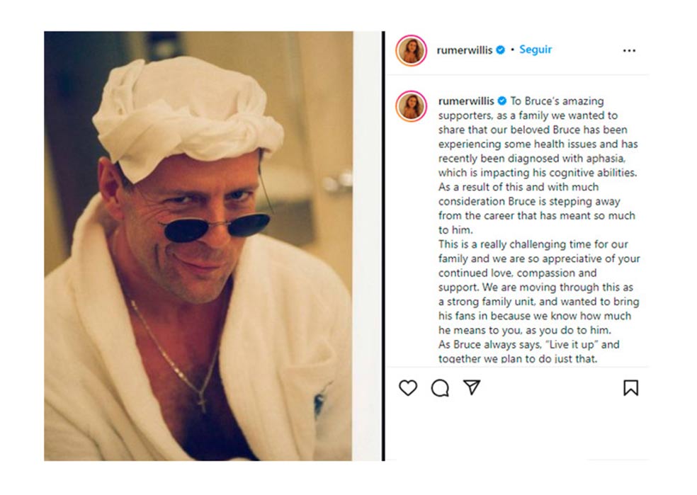 Rumer, hija de Bruce Willis, fue la encargada de comunicar a través de su cuenta de Instagram que el actor sufre afasia. Lo hizo con está simpática imagen, contando que cuenta con todo el apoyo de su familia y recordando el lema de Willis, que ahora aplicarán más que nunca: «Live it up». Vive el momento.